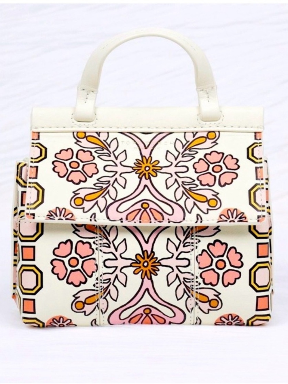 Tory Burch Cream Mini Top-Handle Bag with Pink & Gold Floral Print